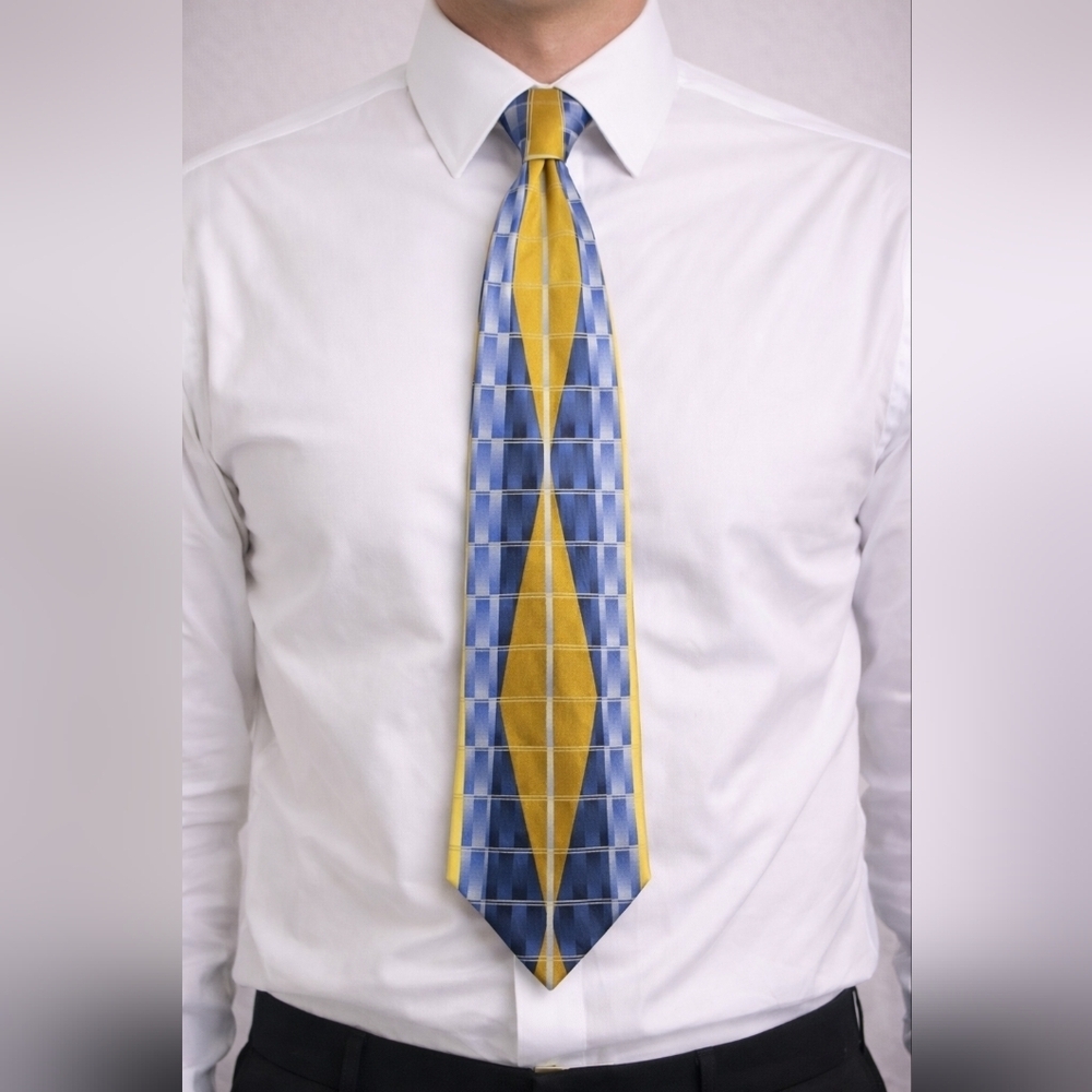 STACY ADAMS Geometric Modernist Blue and Gold Silk Extra Long Tie